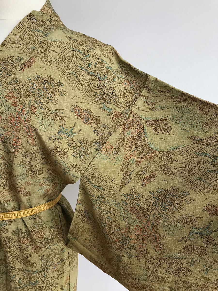 Moriko – olive green Kimono jacket (Haori) with a forest scenery print
