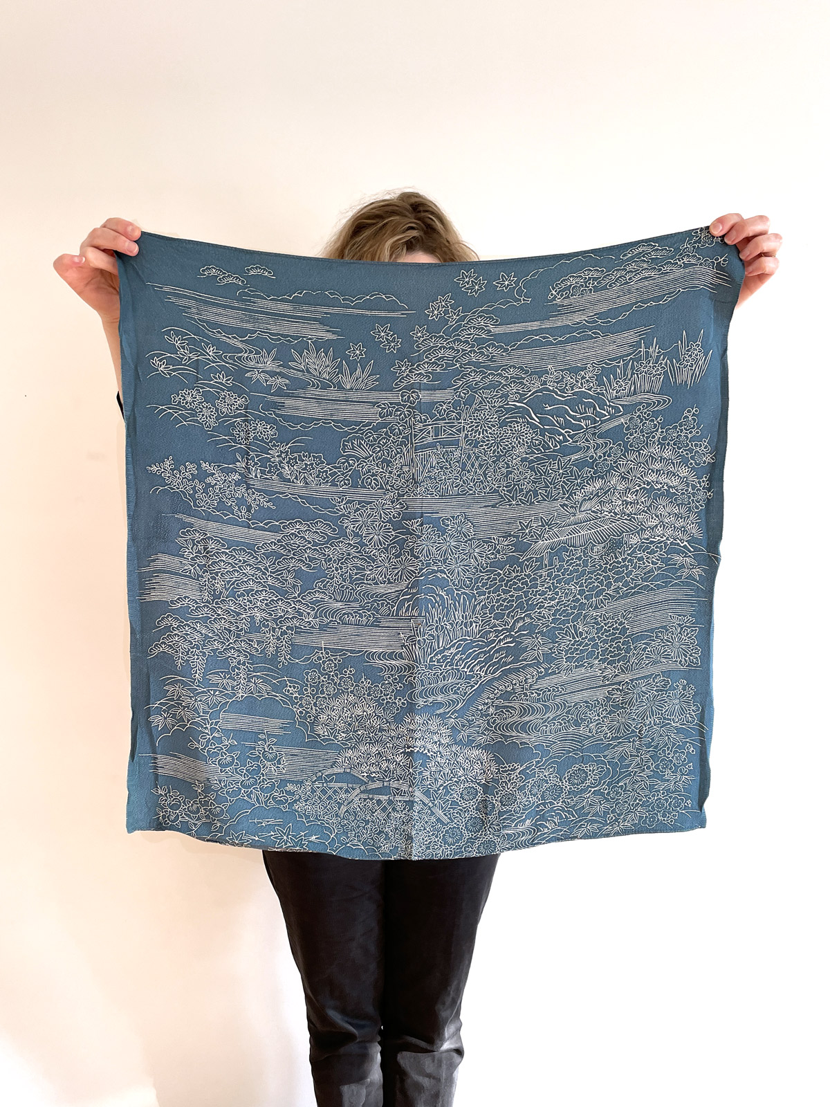 Blue Furoshiki with Japanese garden print