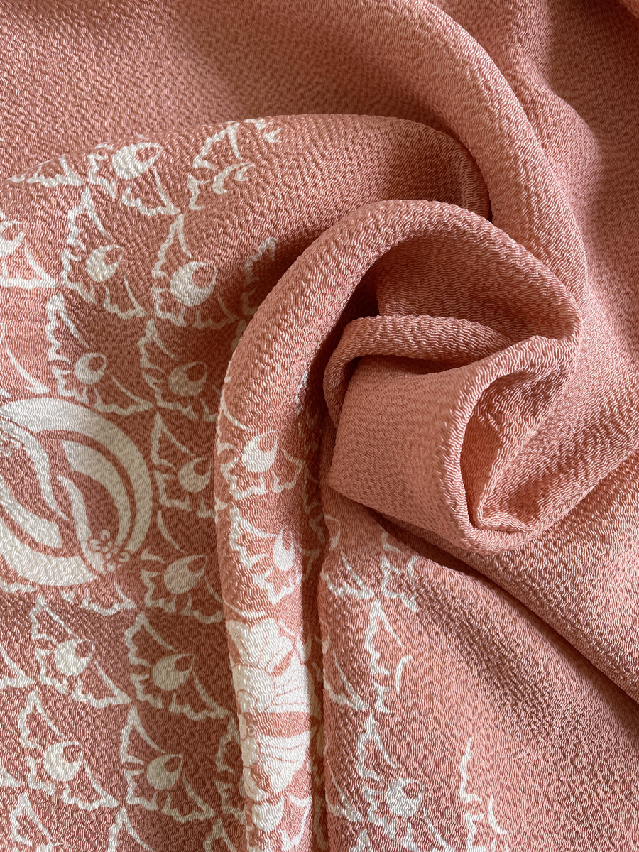 Silk Furoshiki in salmon pink with family crest print