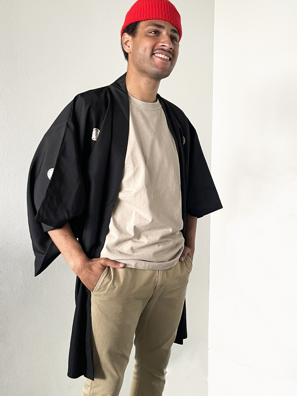 Hiroki – black silk Kimono jacket with silk woven lining in copper brown