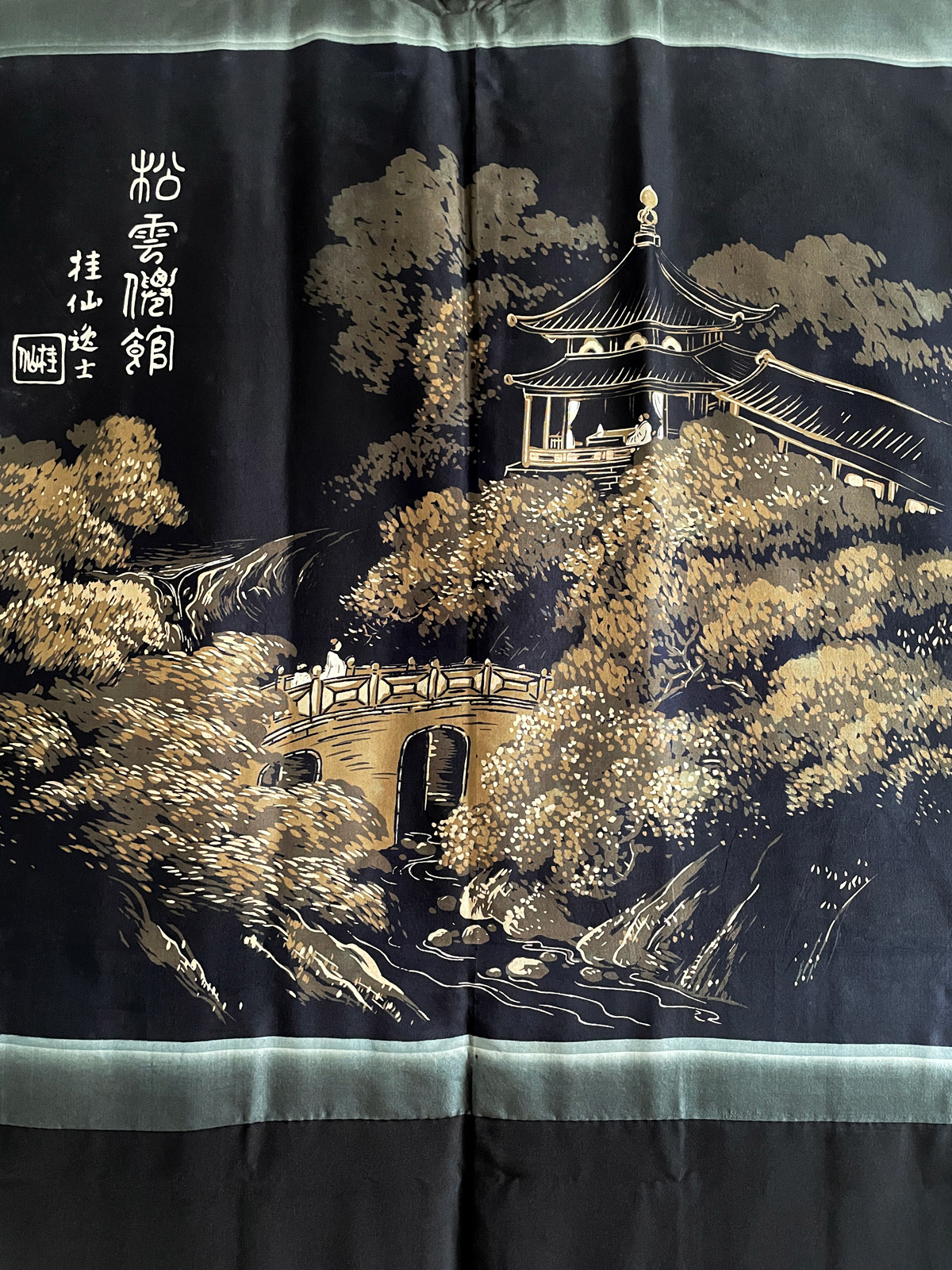 Hisashi – silk black Kimono jacket for men with temple illustration