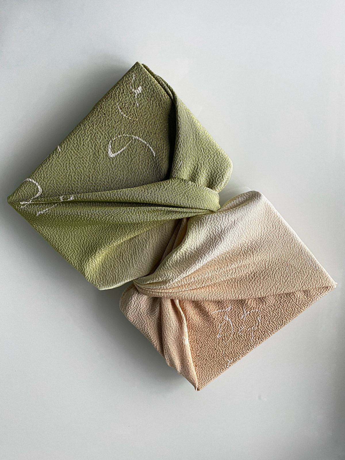 Silk Furoshiki in moss green and champagne color with beautiful calligraphy