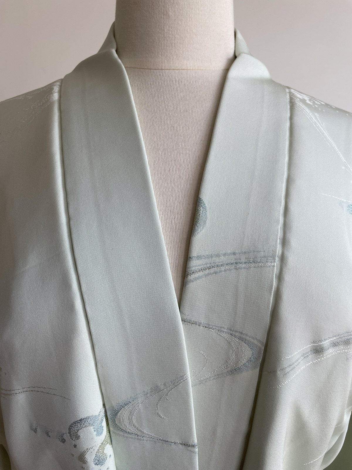 Kaoru – soft green silk Kimono jacket with blue and golden waves