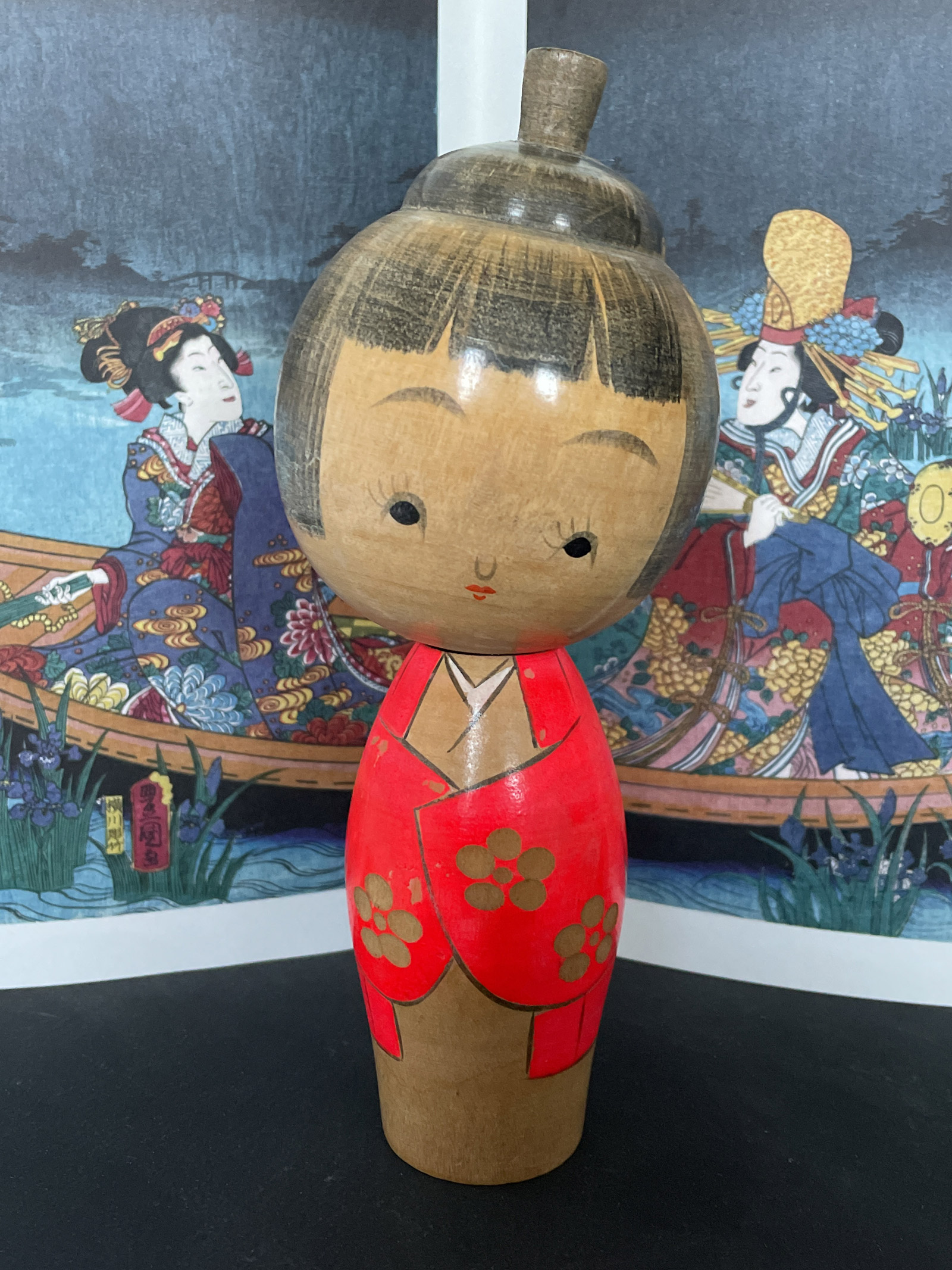 Rare vintage Kokeshi of Miyashita Hajime in red kimono