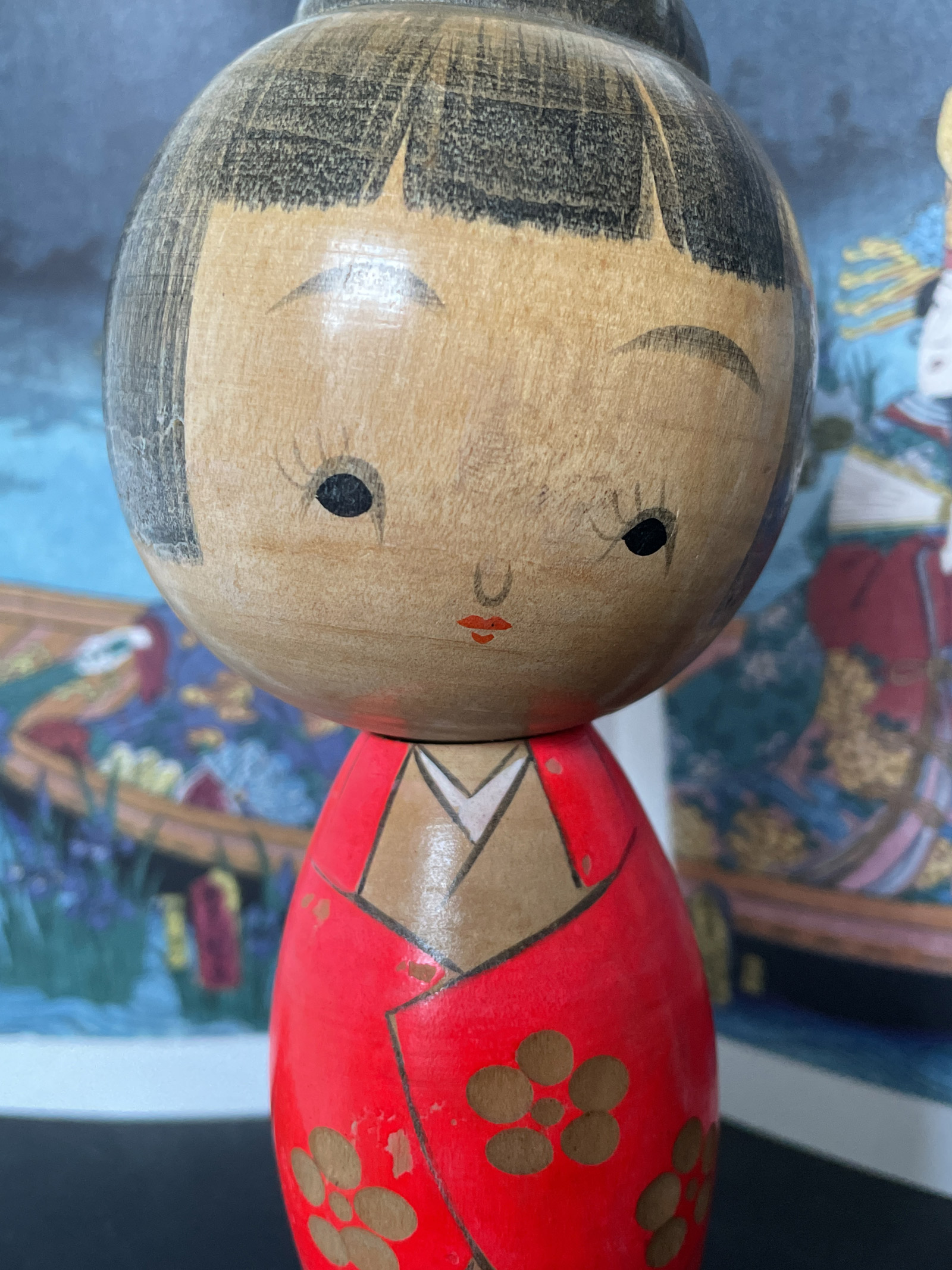 Rare vintage Kokeshi of Miyashita Hajime in red kimono