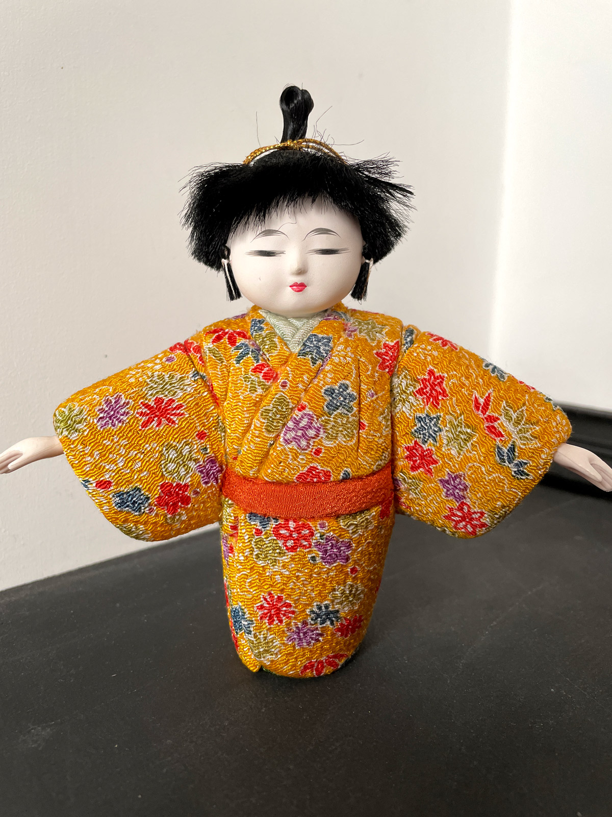 Three cute Kimekomi dolls in silk Kimono