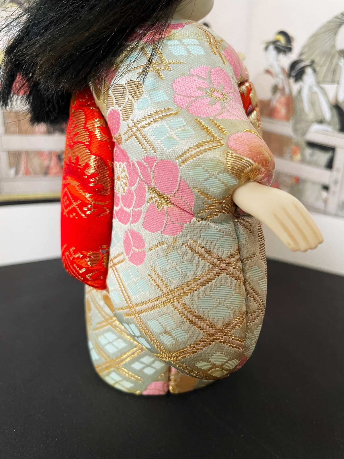 Vintage Kimekomi doll in silk kimono with pink flowers