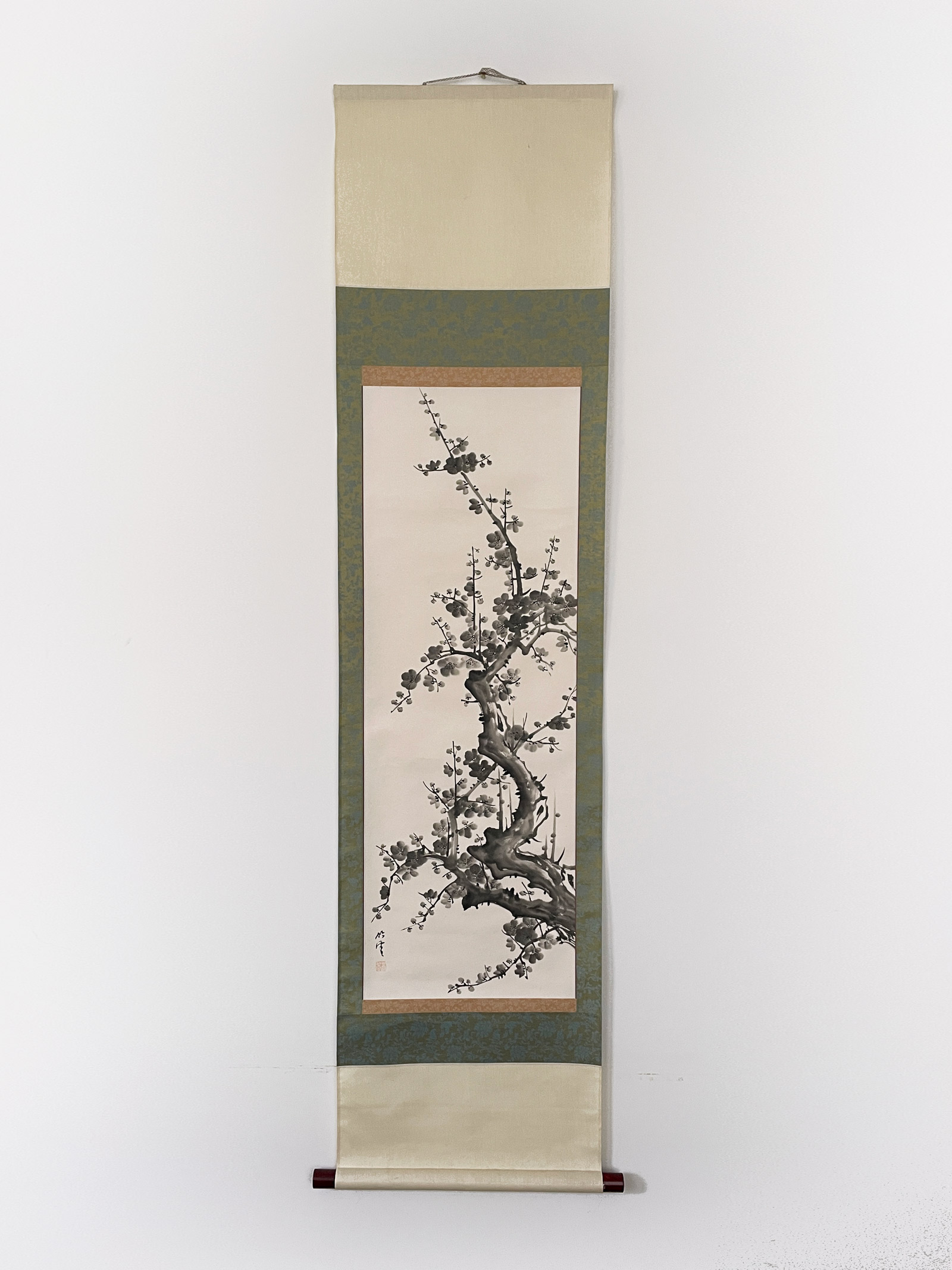 Vintage hanging scroll (Kakejiku) with Sumi-e painting of plum blossom