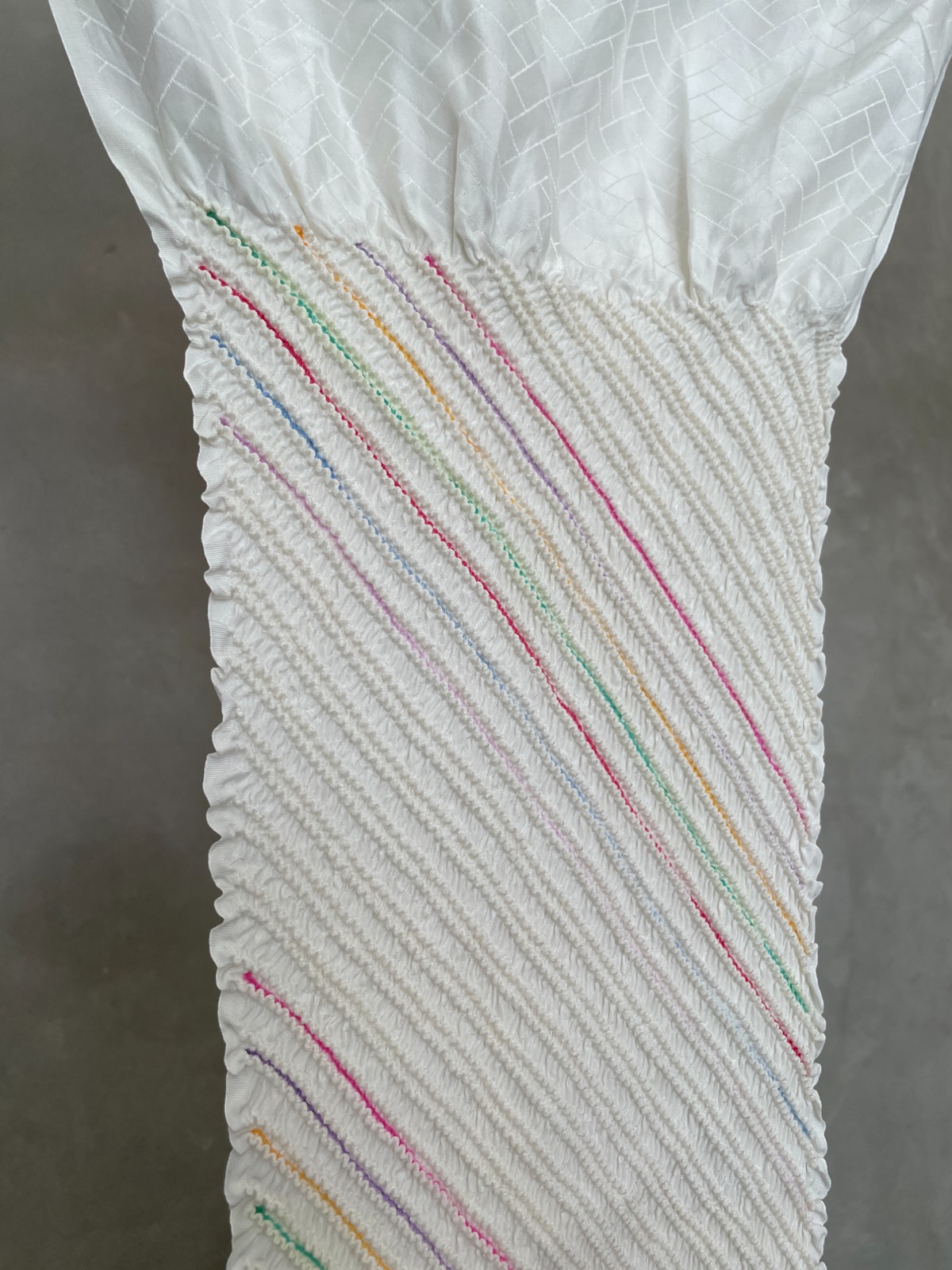 Vintage silk scarf – White Shibori with colorful stripes