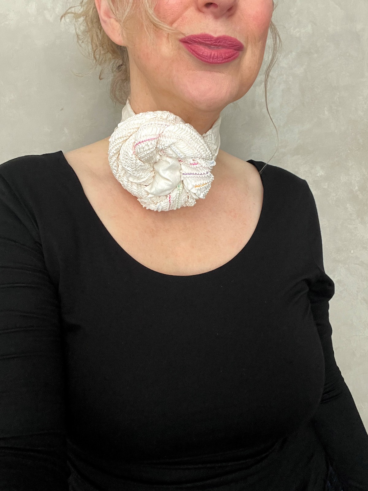 Vintage silk scarf – White Shibori with colorful stripes
