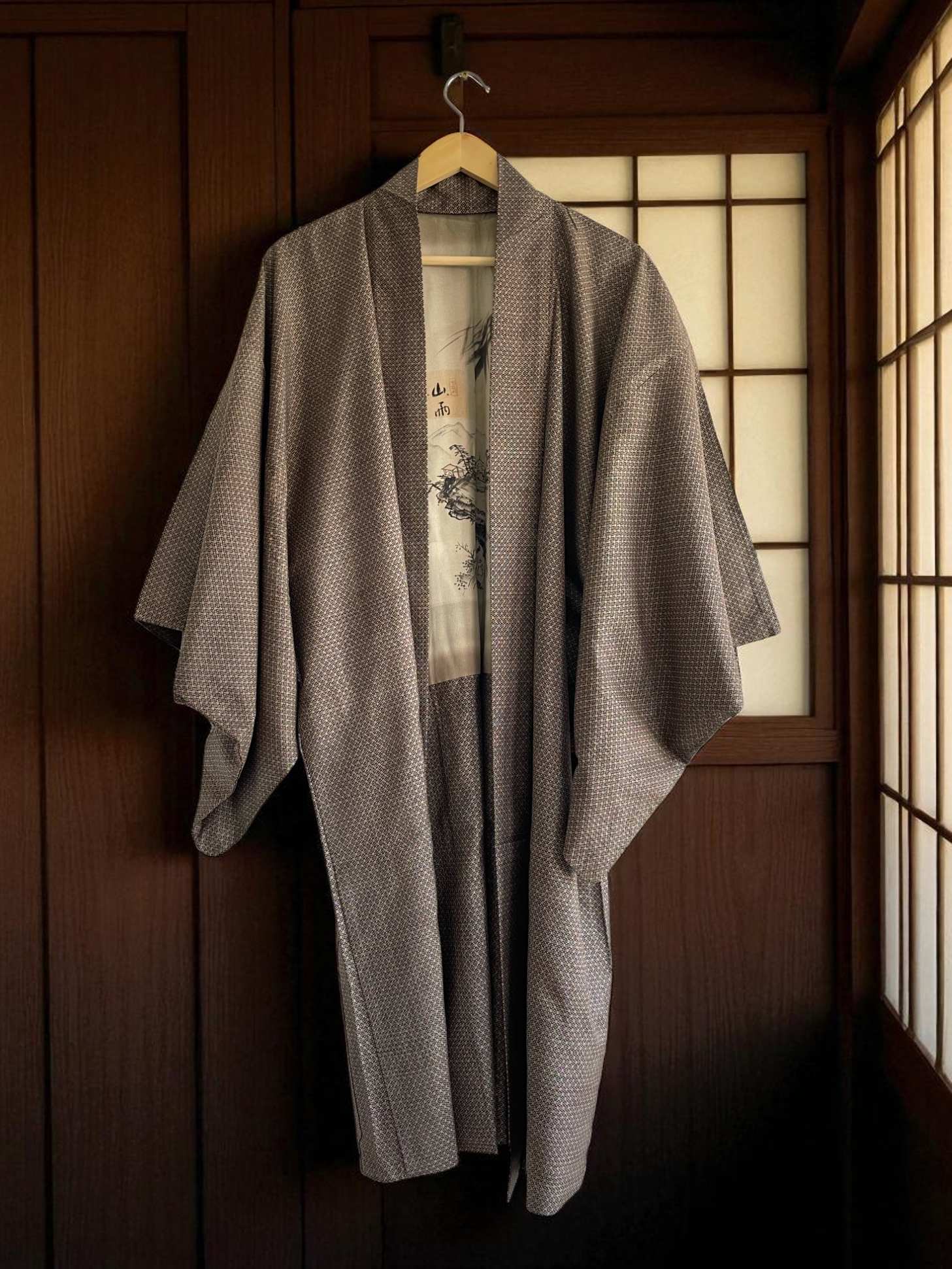 SUZUME – vintage Oshima Tsumugi silk Kimono Haori for men with hand-painted silk lining