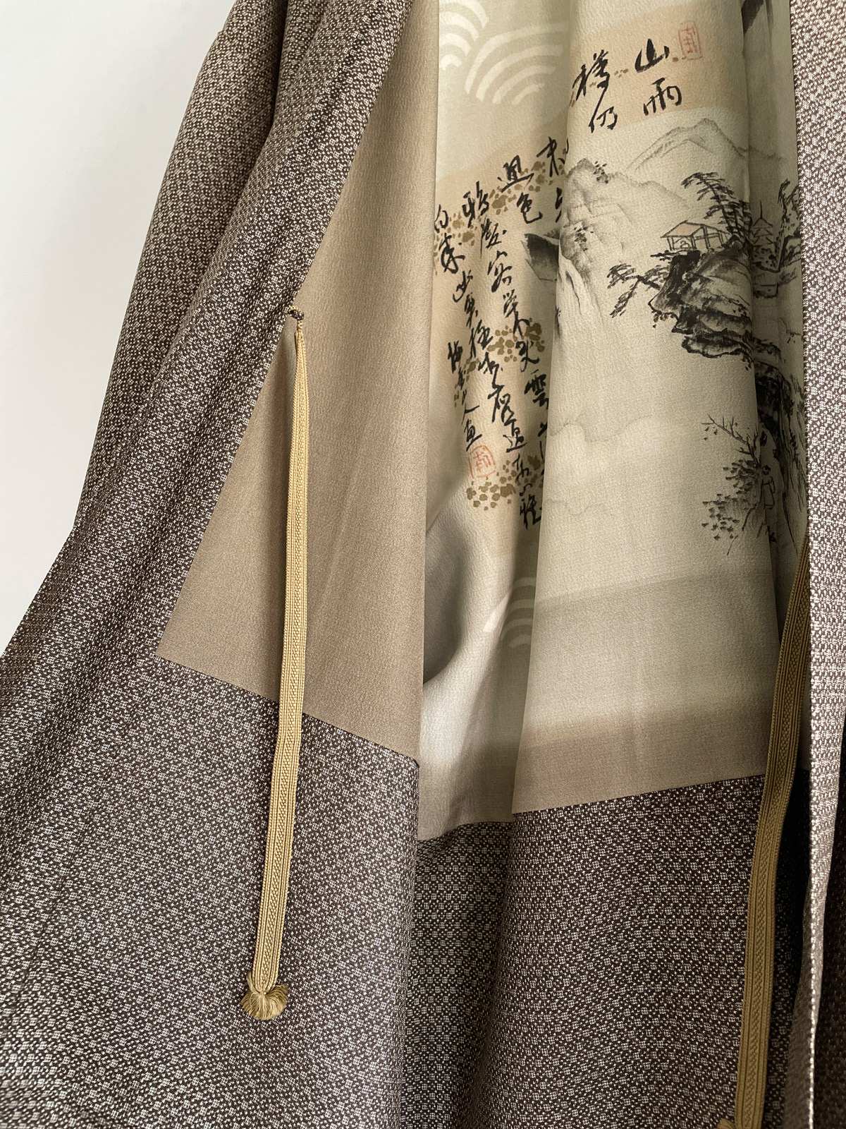 SUZUME – vintage Oshima Tsumugi silk Kimono Haori for men with hand-painted silk lining