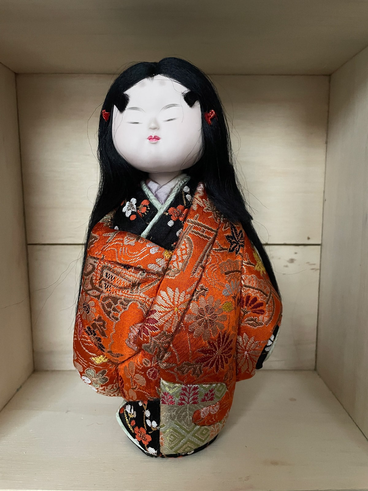 Vintage handcrafted Kimekomi doll girl in silk kimono Japan