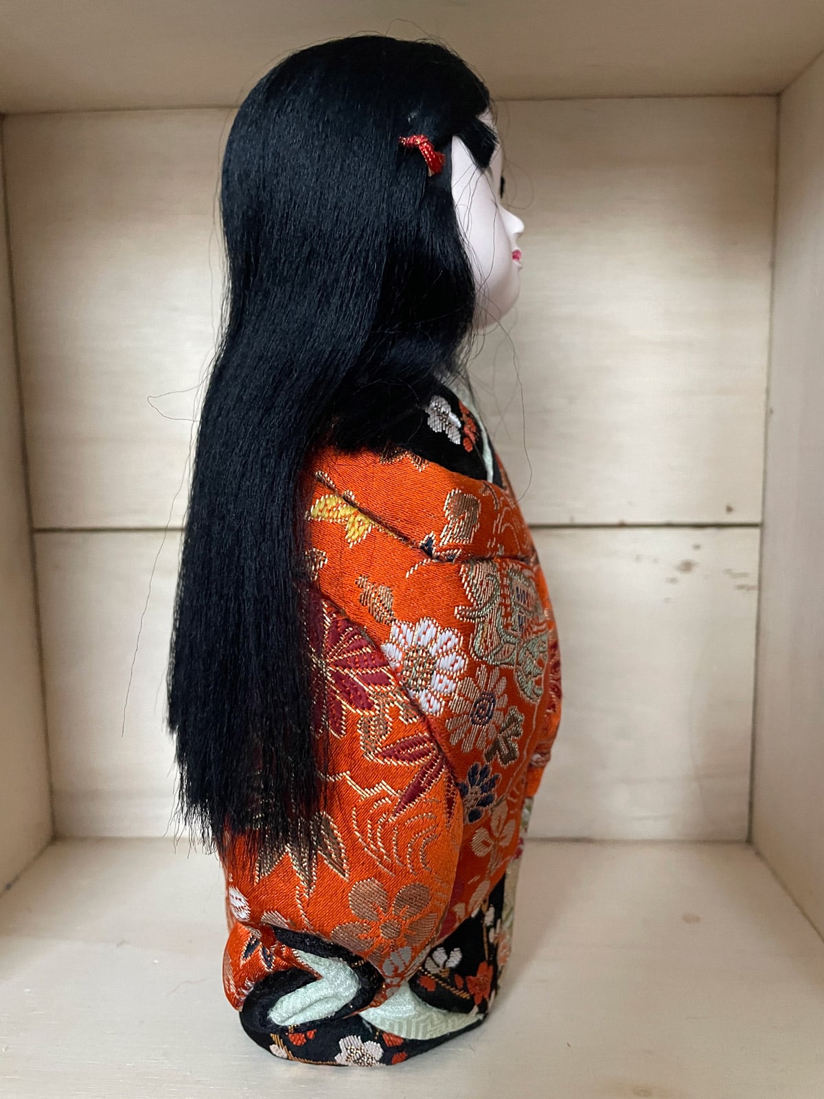 Vintage handcrafted Kimekomi doll girl in silk kimono Japan