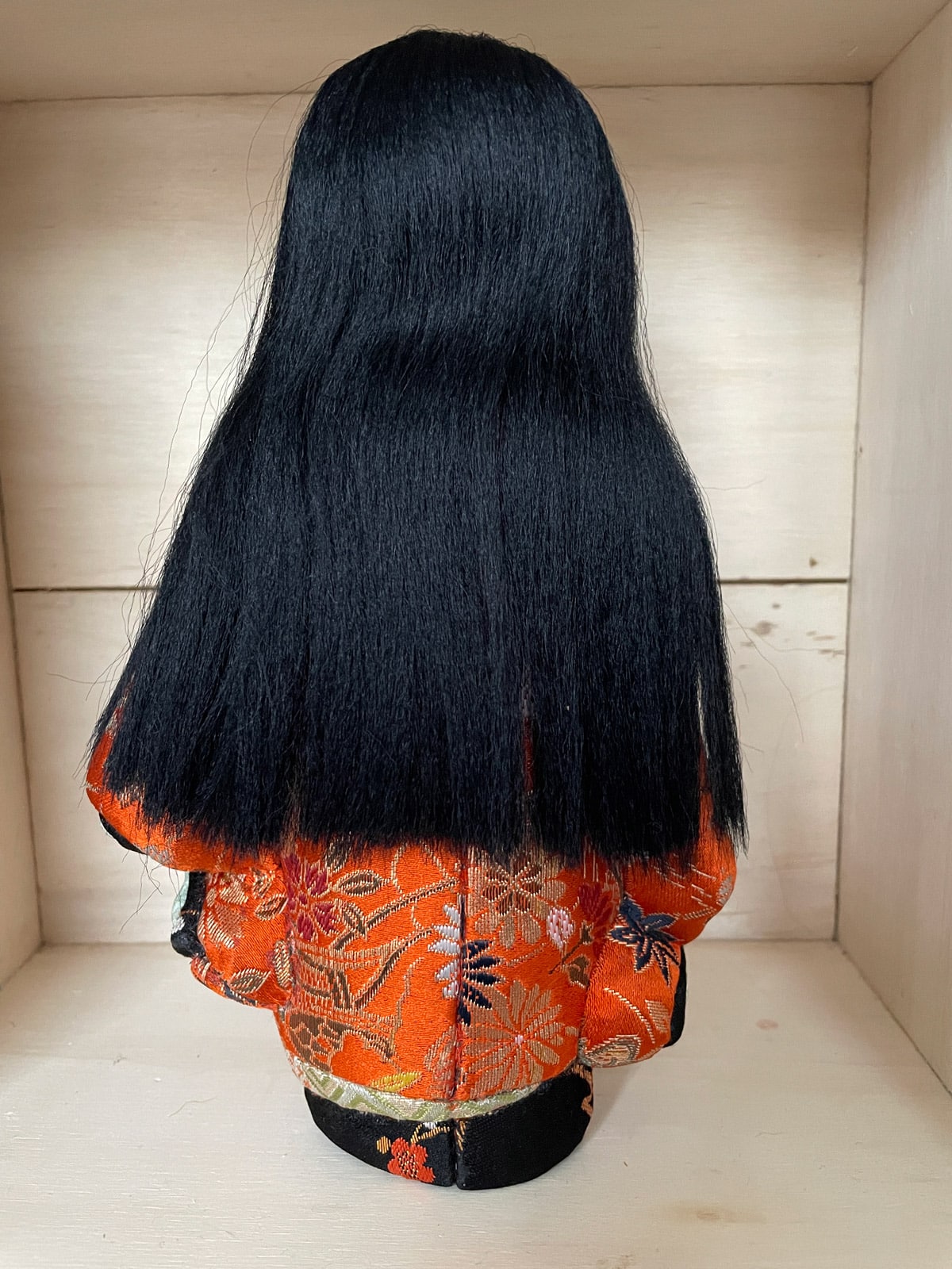 Vintage handcrafted Kimekomi doll girl in silk kimono Japan