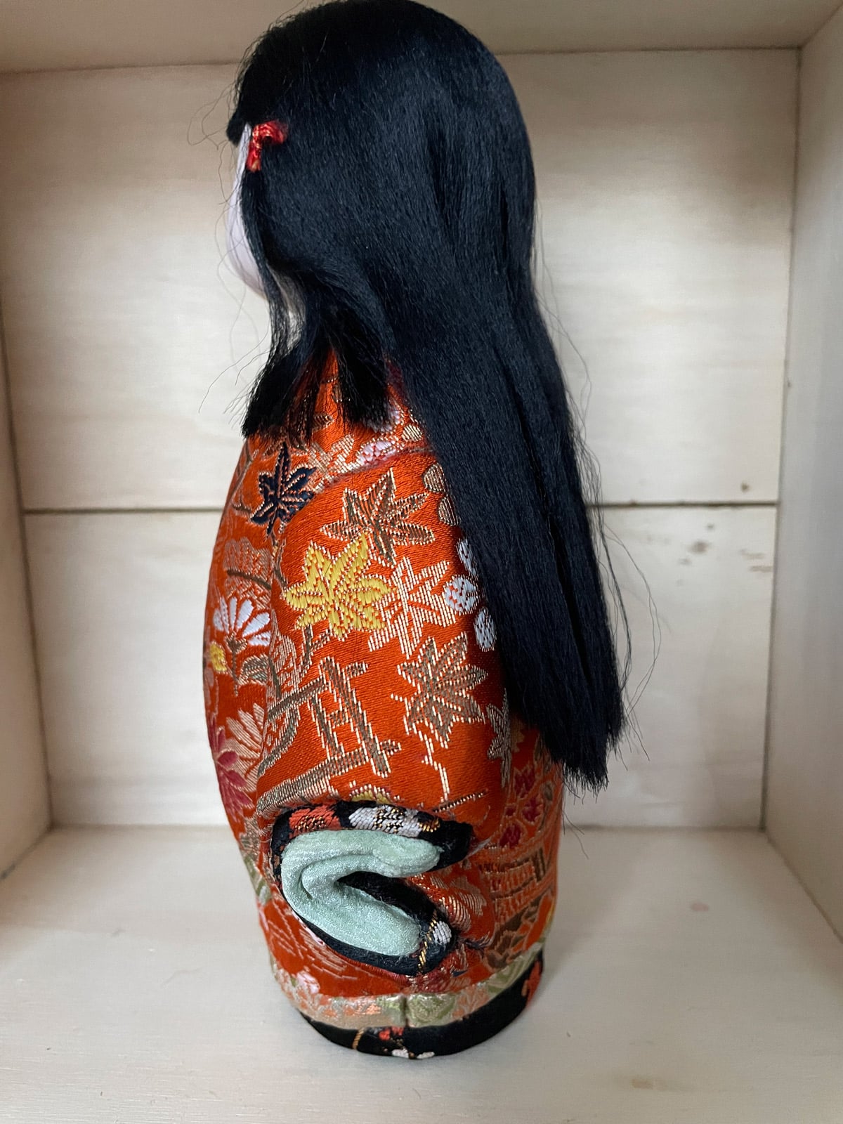 Vintage handcrafted Kimekomi doll girl in silk kimono Japan