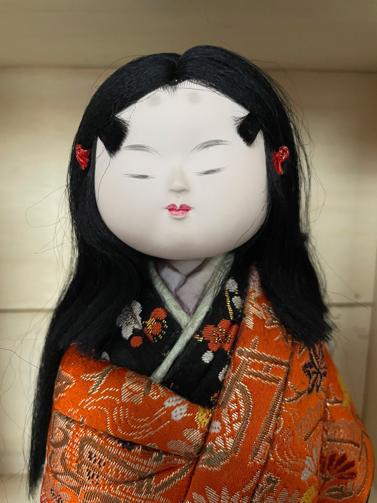 Vintage handcrafted Kimekomi doll girl in silk kimono Japan