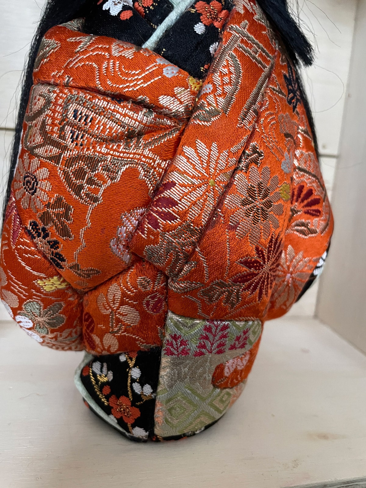 Vintage handcrafted Kimekomi doll girl in silk kimono Japan