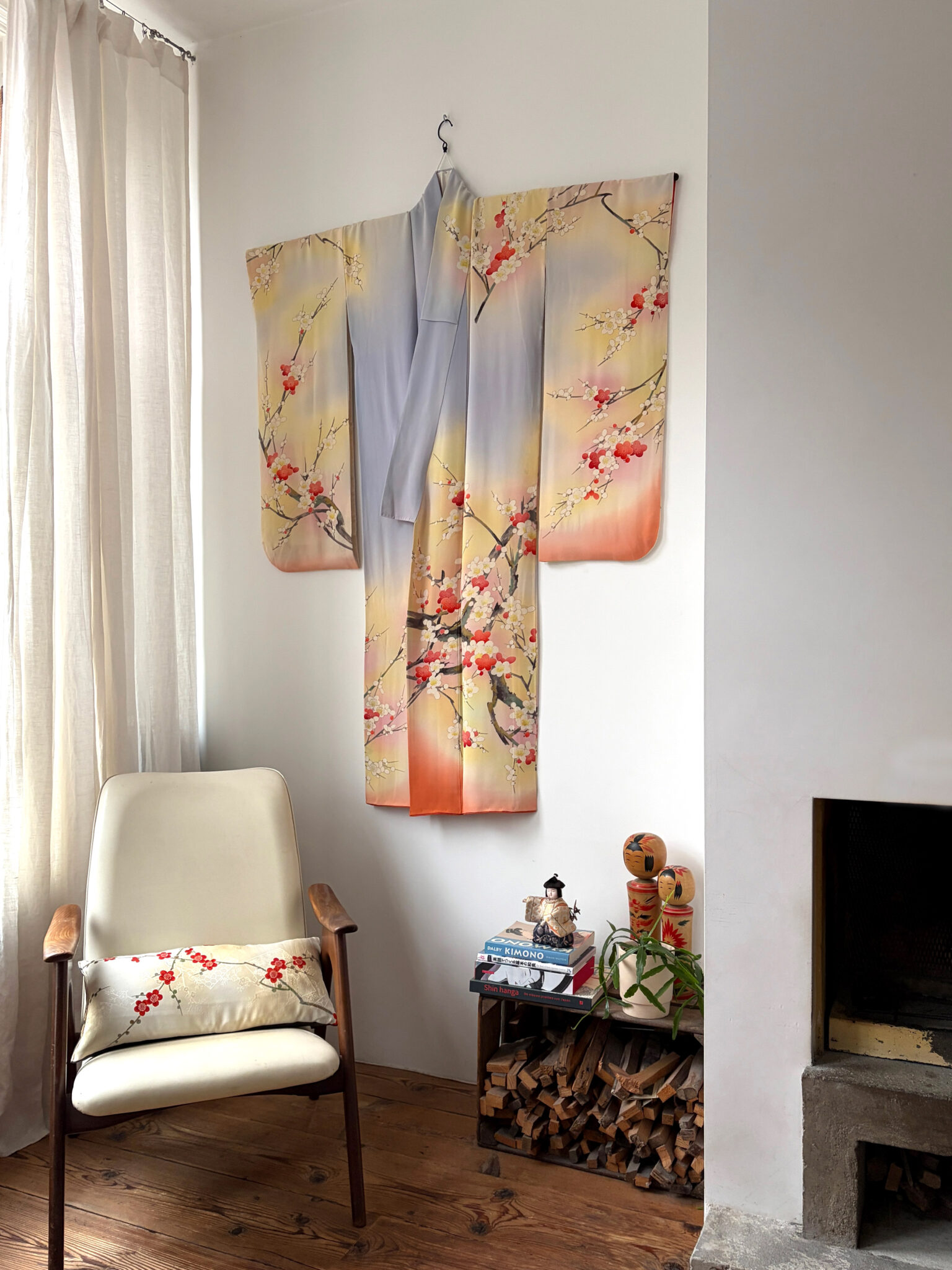 UME – vintage silk Furisode Kimono with plum blossom design in pastel shades