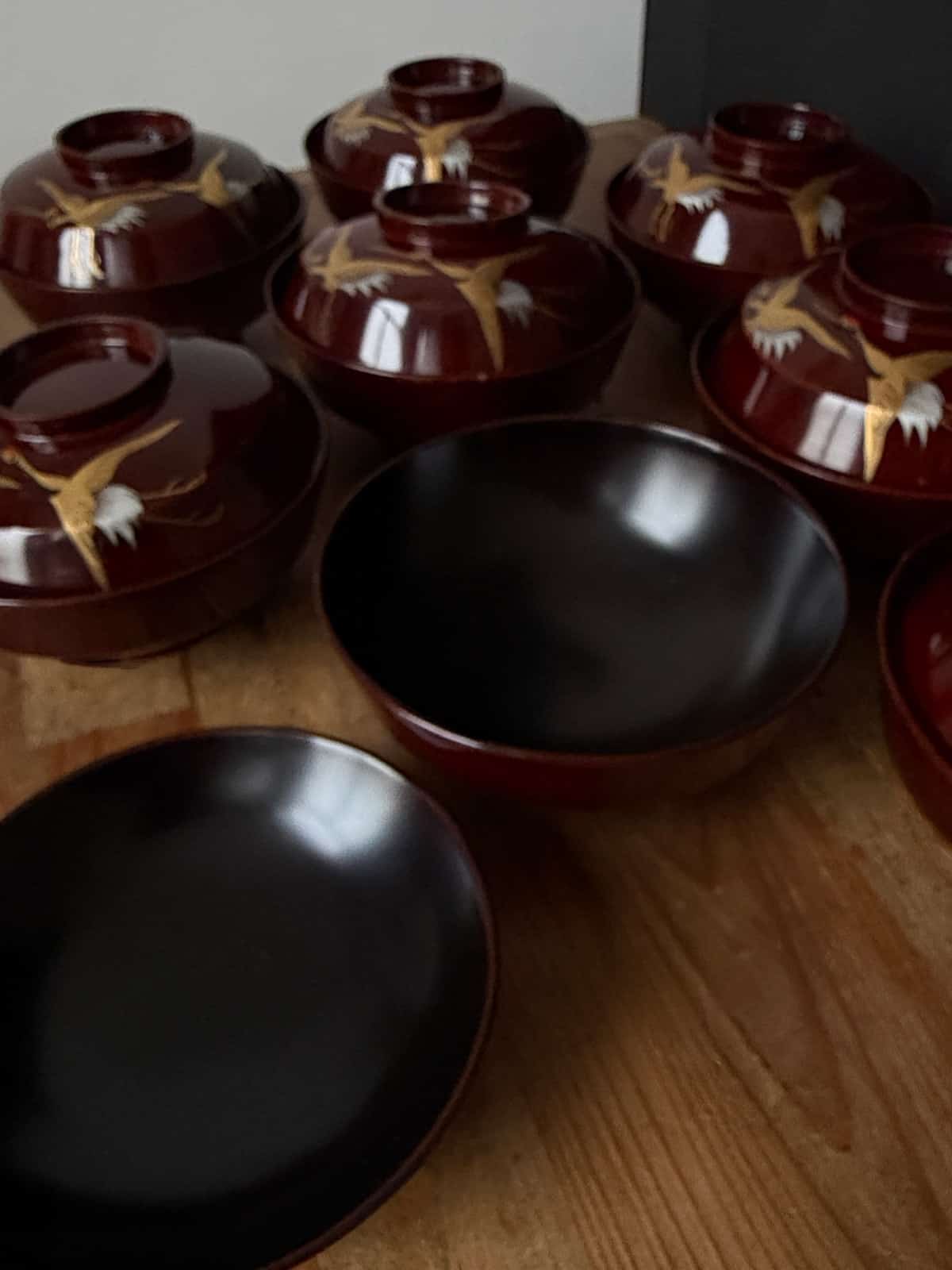Antique Maki-e lacquerware bowls - set of 8 in original wooden box natsukashii netherlands
