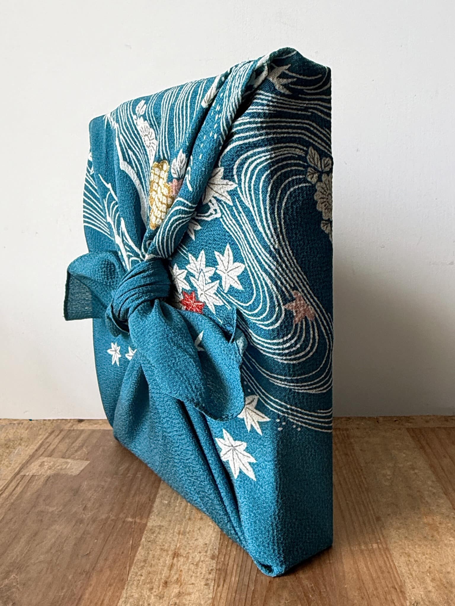 Vintage Chirimen silk Furoshiki – blue leaves design