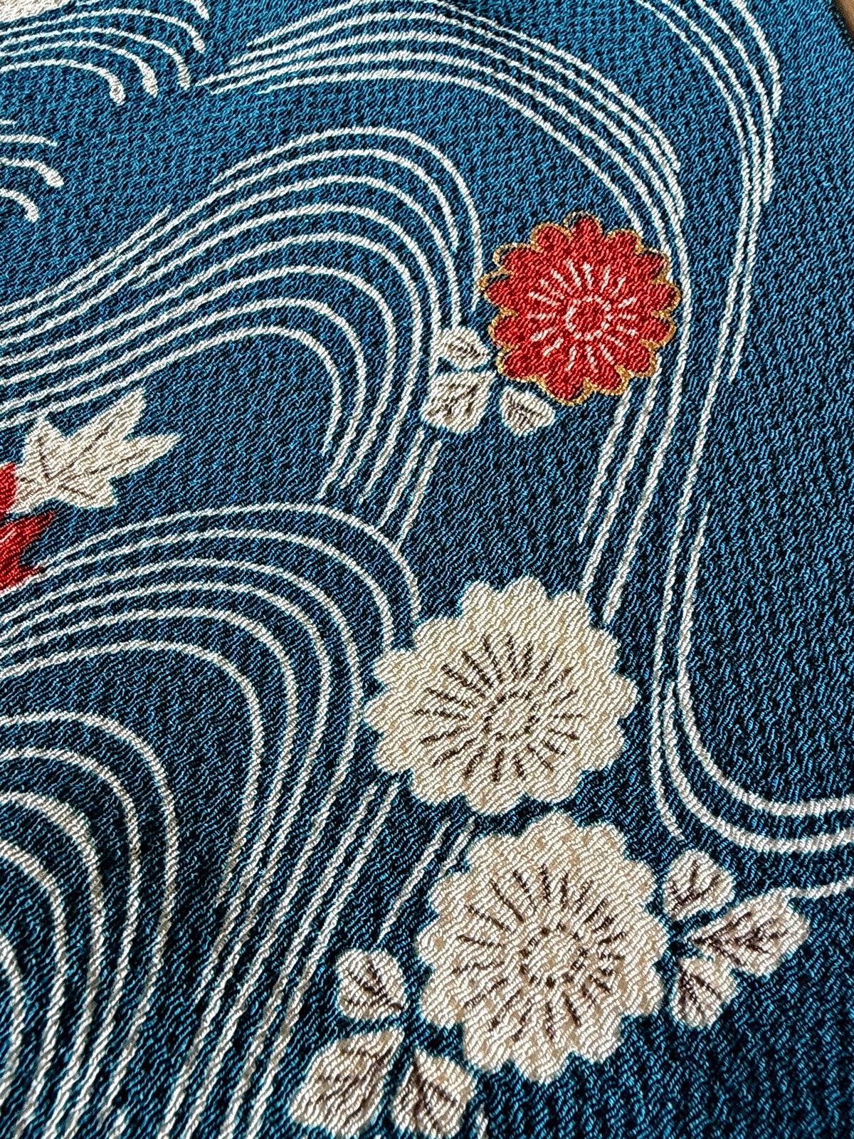Vintage Chirimen silk Furoshiki – blue leaves design