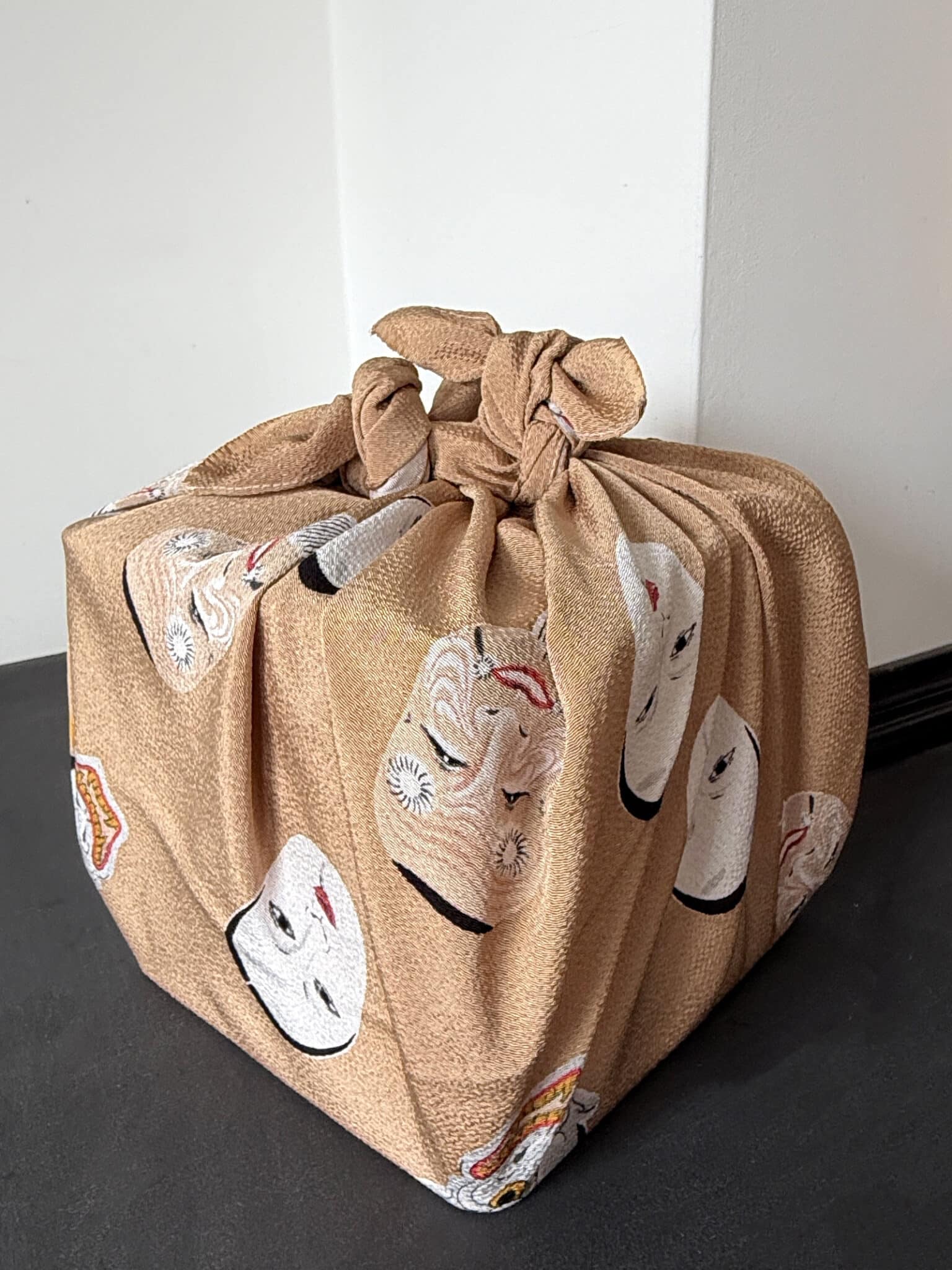 Vintage Furoshiki wrapping cloth design of Noh masks netherlands natsukashii