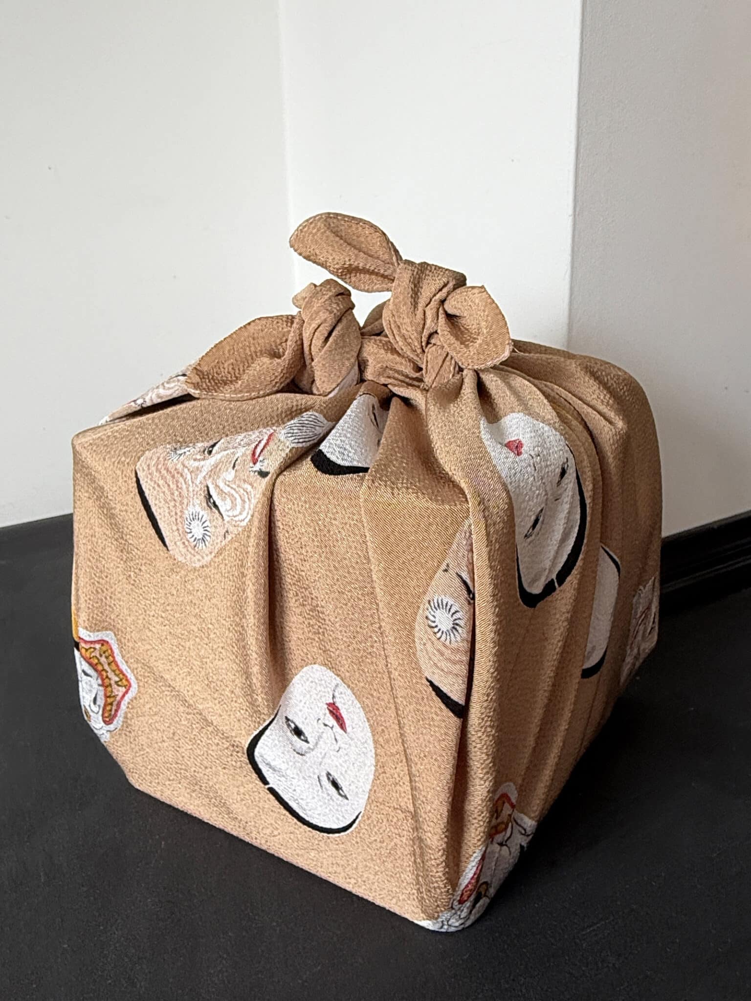 Vintage Furoshiki (wrapping cloth) with design of Noh masks