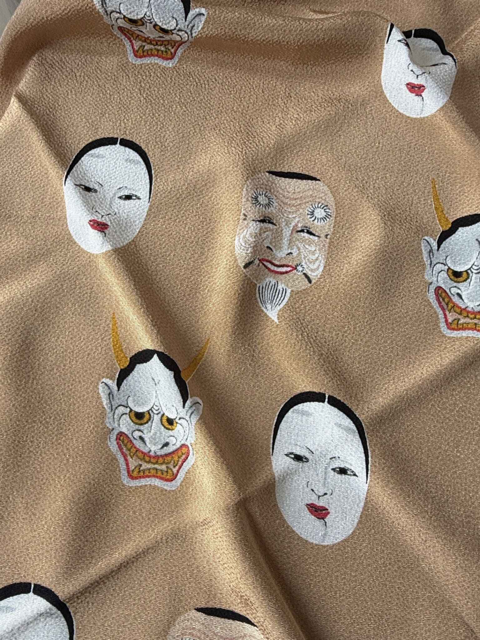Vintage Furoshiki wrapping cloth design of Noh masks netherlands natsukashii