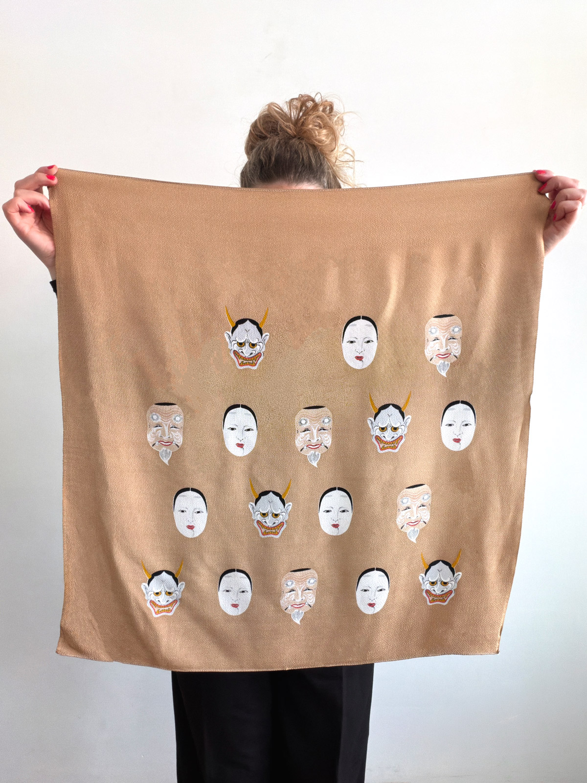 Vintage Furoshiki wrapping cloth design of Noh masks netherlands natsukashii