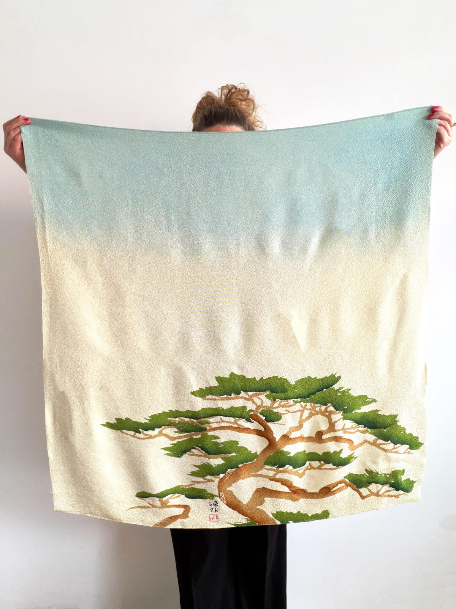 Vintage Chirimen silk Furoshiki with Pine tree design – large size