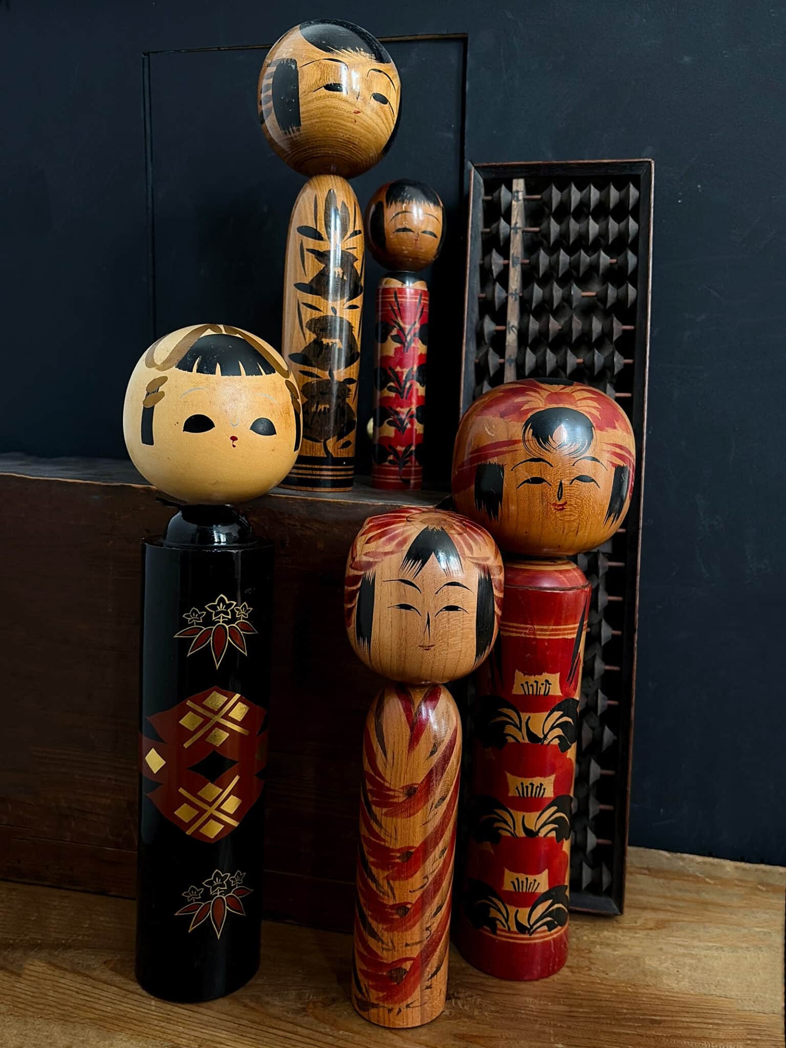 Vintage Kokeshi dolls in Togatta and Hijiori style