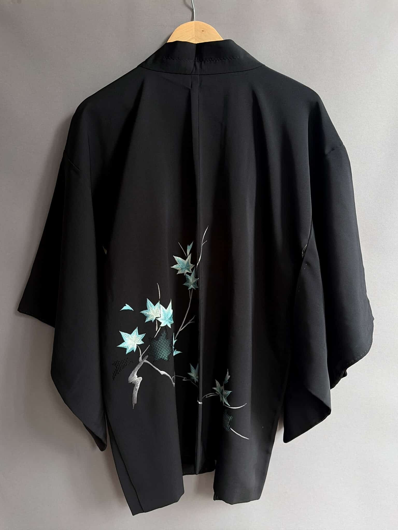 KOYO – vintage black silk Haori with embroidered maple leaves