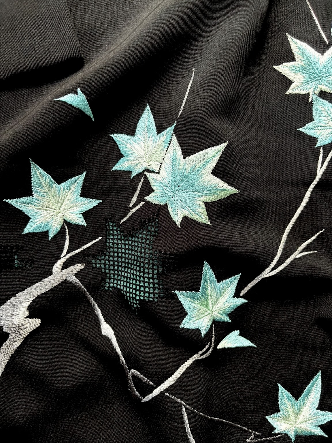 KOYO – vintage black silk Haori with embroidered maple leaves