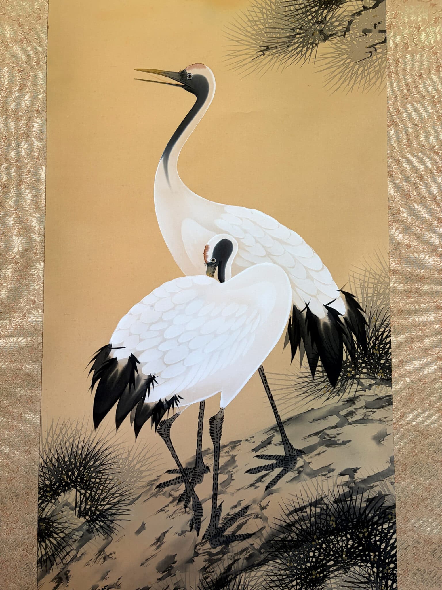 Vintage Japanese Kakejiku – Cranes on a pine tree