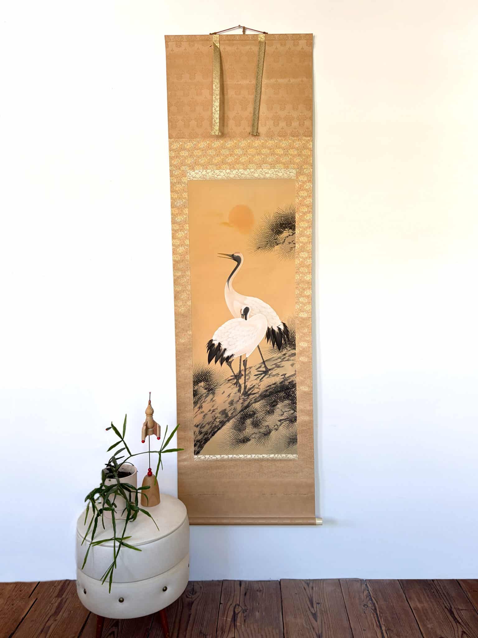Vintage Japanese Kakejiku – Cranes on a pine tree