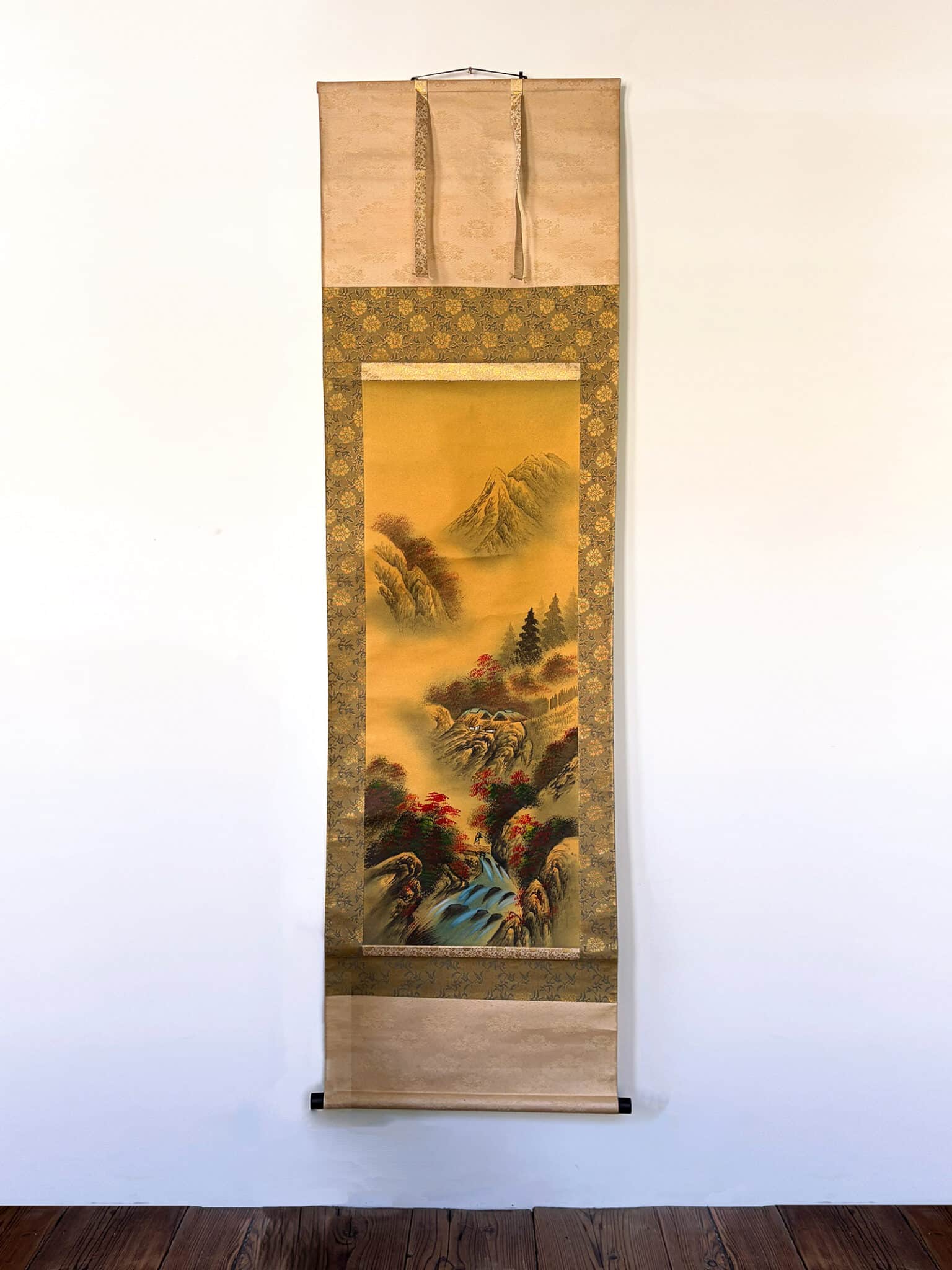 Large vintage Japanese Kakejiku (hanging scroll) with hand-painted landscape