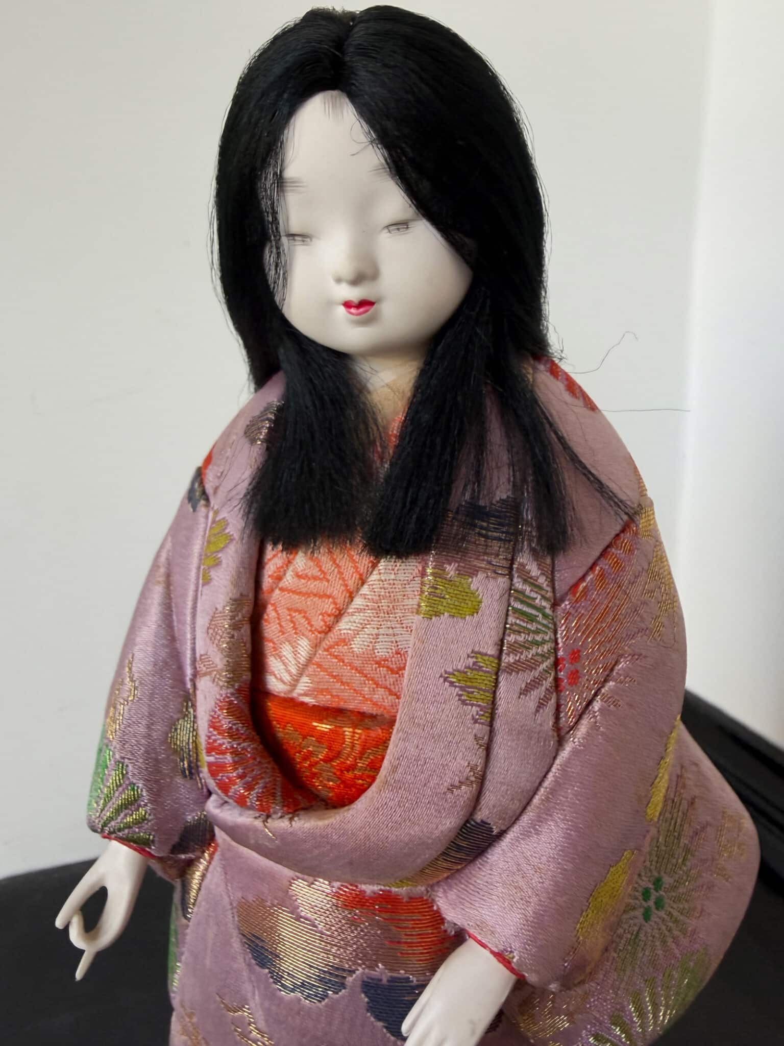Vintage Kimekomi doll in silk purple Kimono