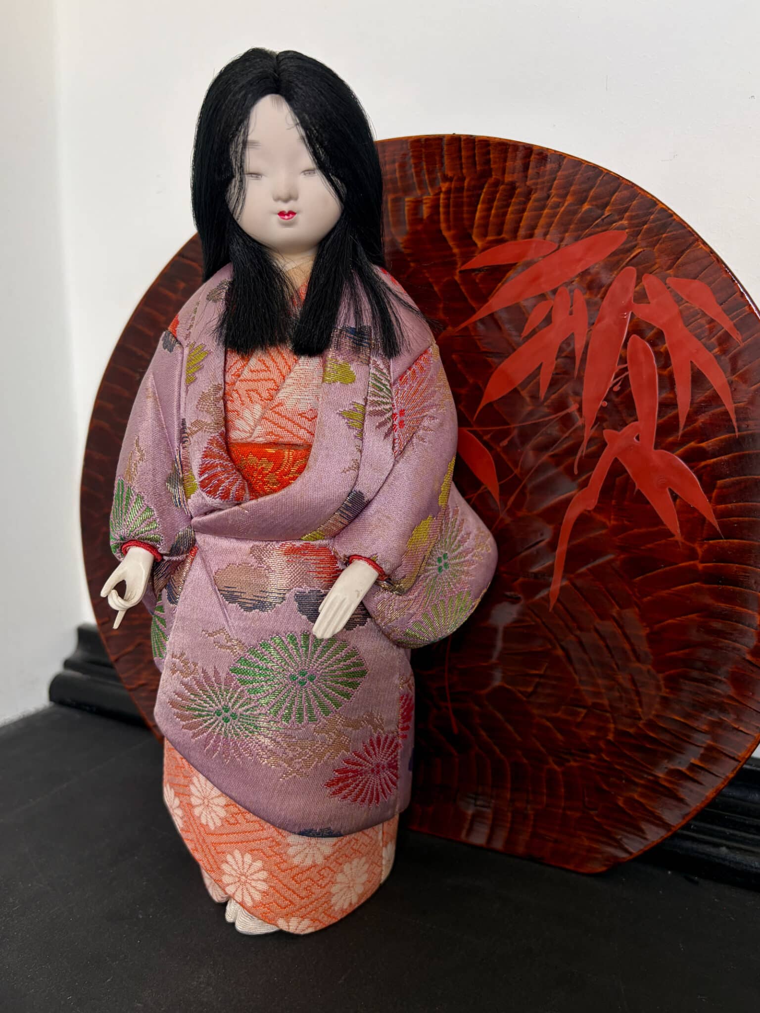 Vintage Kimekomi doll in silk purple Kimono