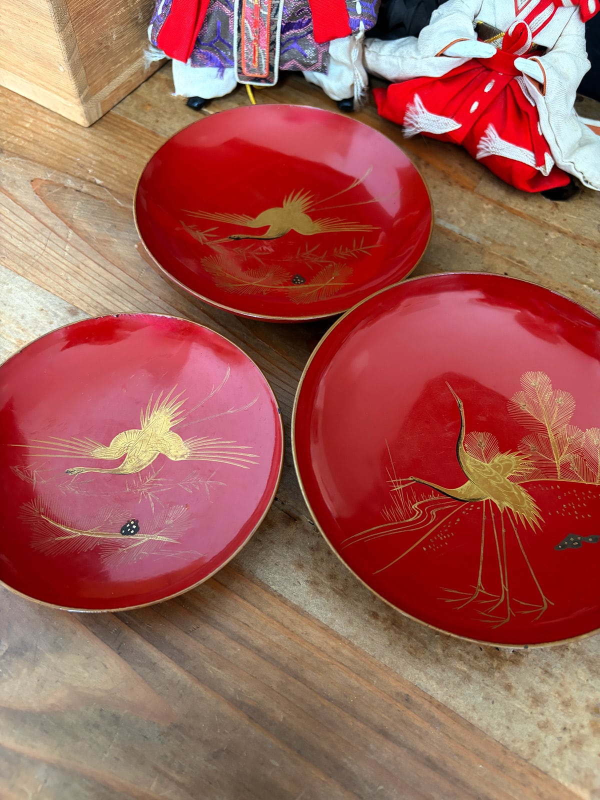 Antique lacquerware SAKAZUKI Sake cup set – Cranes
