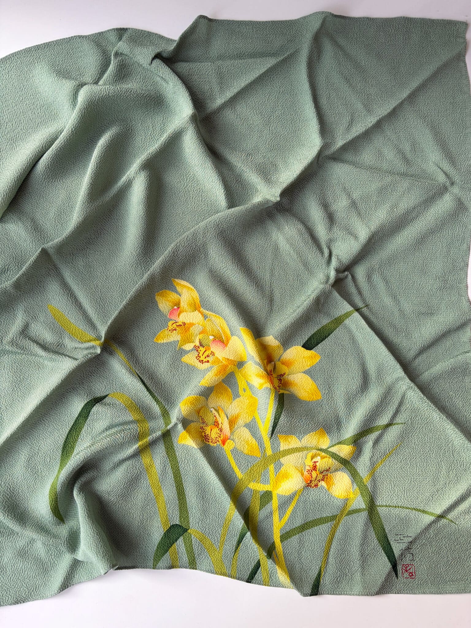 Vintage Chirimen silk Furoshiki with yellow orchids