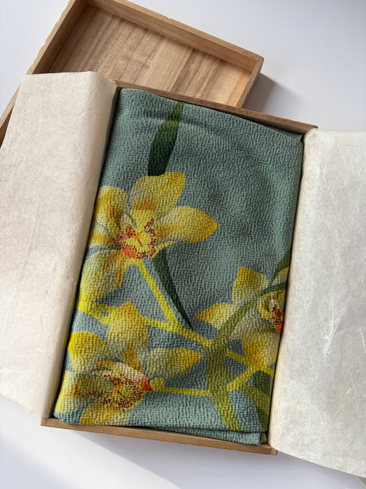 Vintage Chirimen silk Furoshiki with yellow orchids