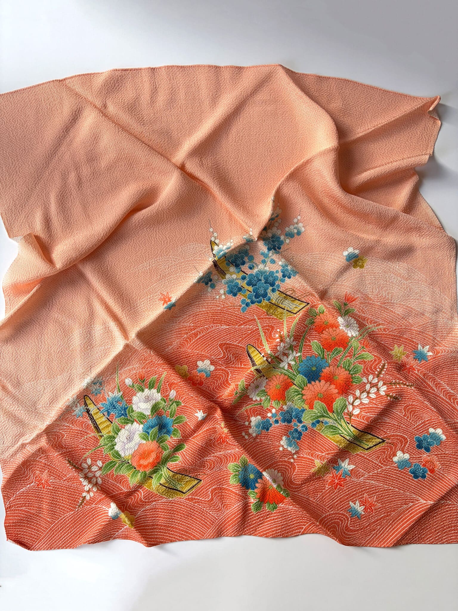 Vintage Chirimen silk Furoshiki with Takarabune and flower design
