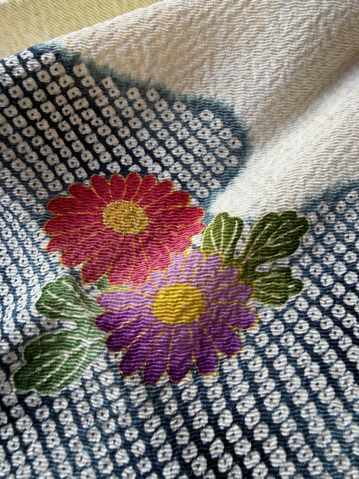 Vintage Chirimen silk Furoshiki – chrysanthemums & clouds