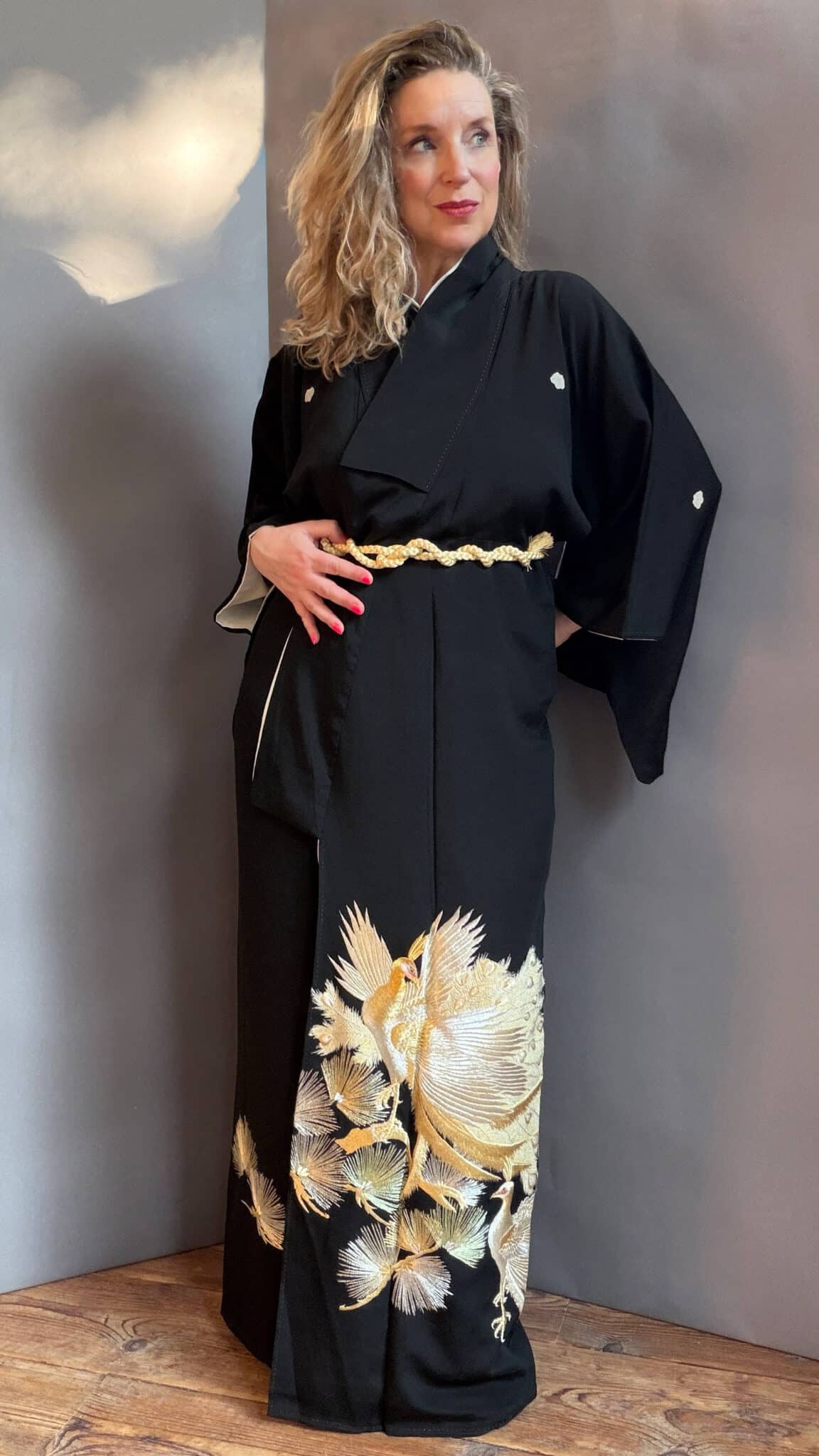 Vintage Kuro Tomesode silk kimono with golden phoenix natsukashii black phoenix embroidery netherlandskimono