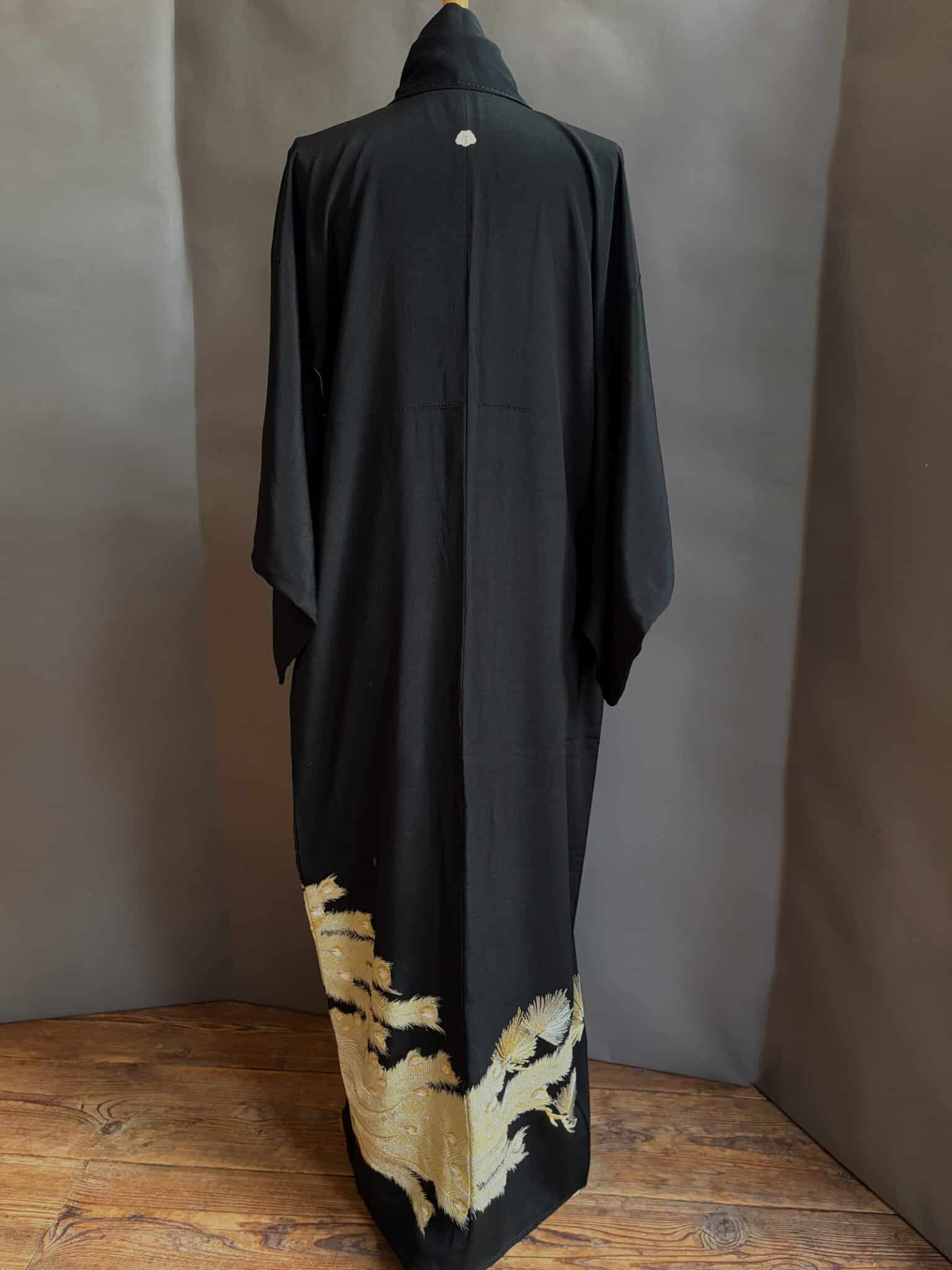 Vintage Kuro Tomesode silk kimono with golden phoenix natsukashii black phoenix embroidery netherlandskimono