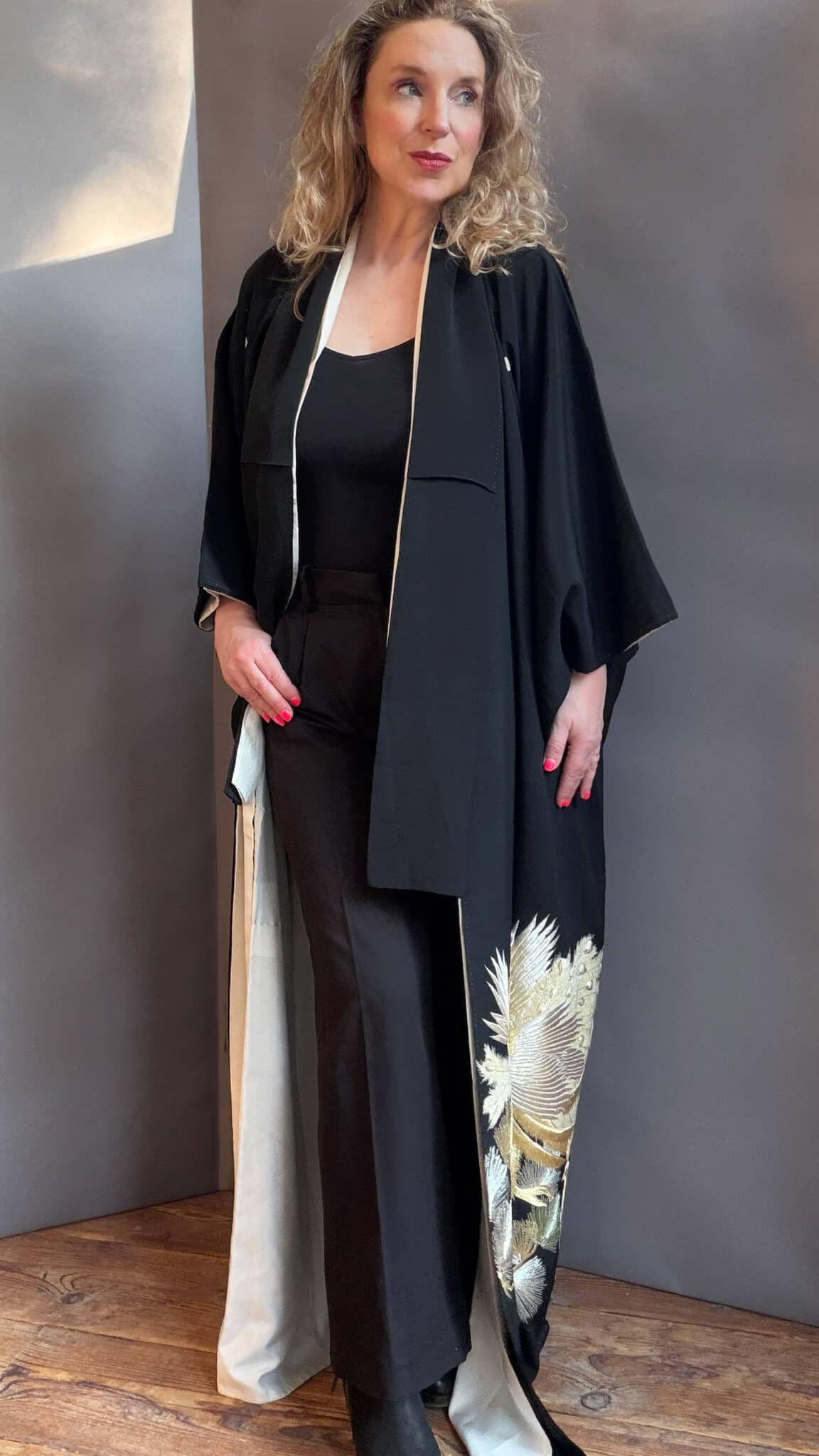 Vintage Kuro Tomesode silk kimono with golden phoenix natsukashii black phoenix embroidery netherlandskimono