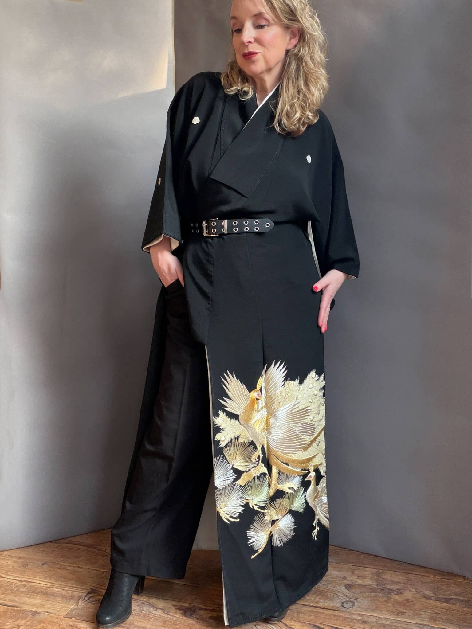 Vintage Kuro Tomesode silk kimono with golden peacock
