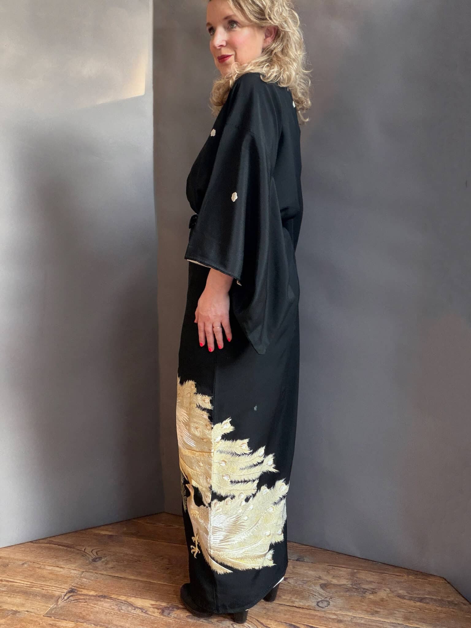 Vintage Kuro Tomesode silk kimono with golden phoenix natsukashii black phoenix embroidery netherlandskimono
