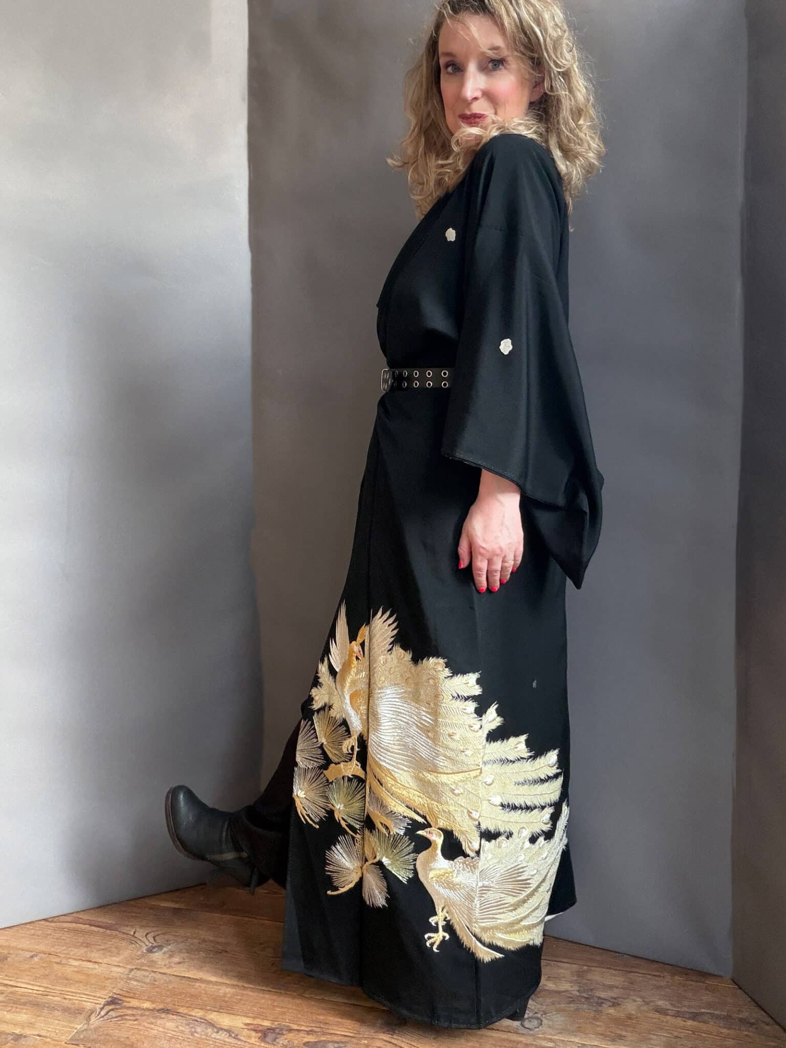 Vintage Kuro Tomesode silk kimono with golden phoenix natsukashii black phoenix embroidery netherlandskimono